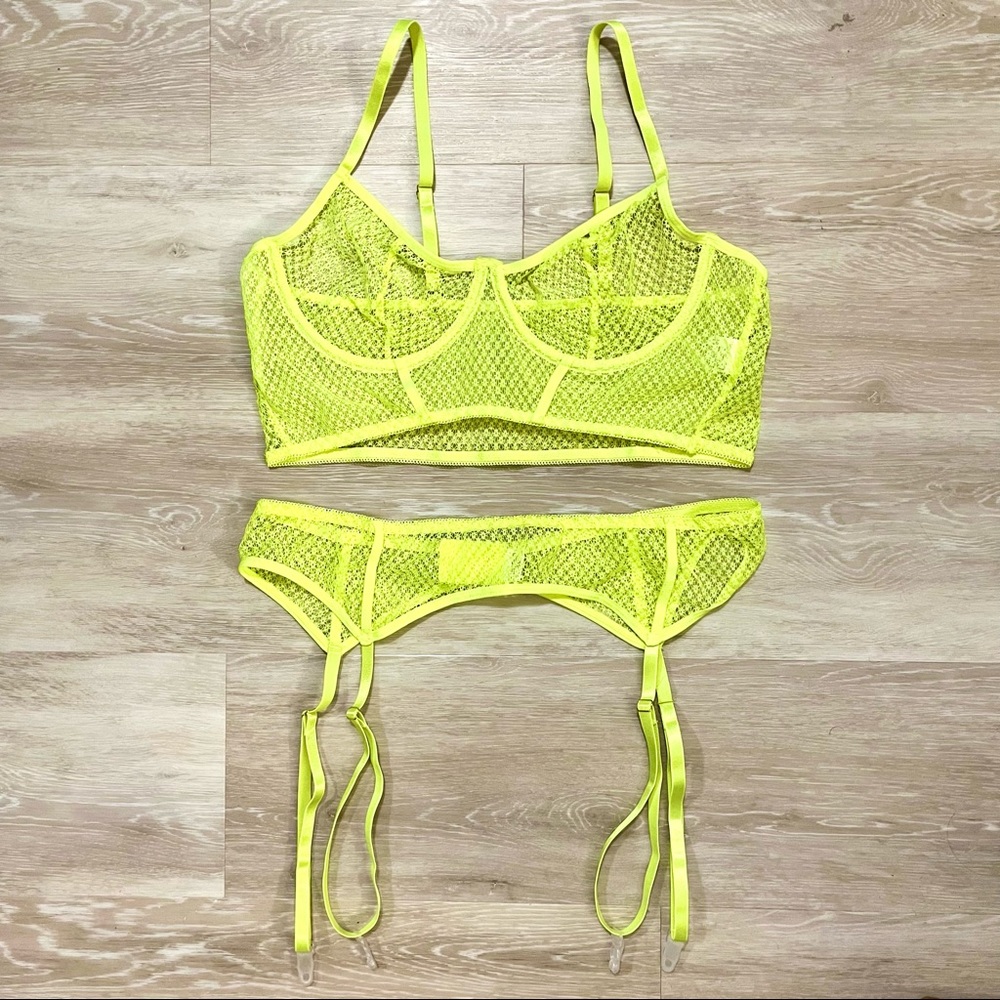 Neon yellow underwire bralette and garter set